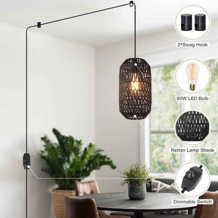 Ruzectt Plug in Pendant Light Rattan Hanging Light with Plug in Cord with Dimmab