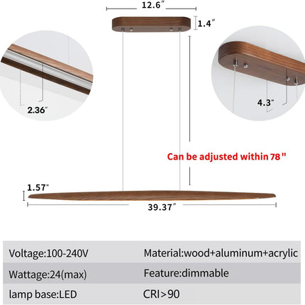 YISDESIGN 39" Wood Linear Pendant Light LED Dimmable Hanging Light Dinning Room