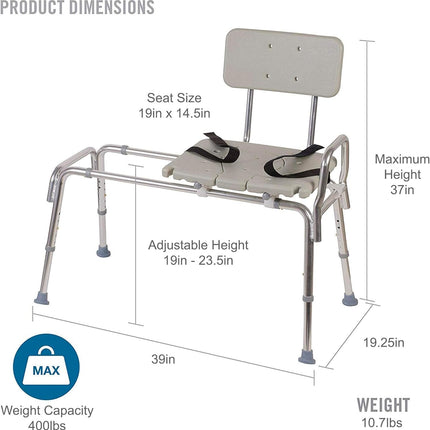 DMI Heavy-duty Sliding Transfer Bench Shower Chair With Cut-out Seat and Adjusta