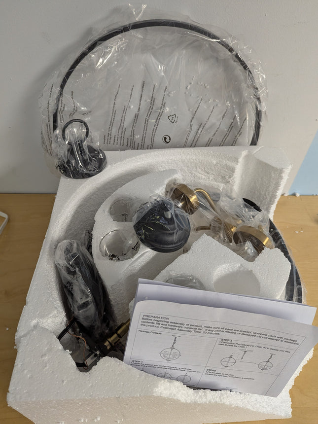 FAULTY Treekee Rustic Chandelier, 17" Black and Gold Finish Glass Cover Luxuriou