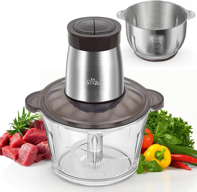 Bear 600W Electric Food Processors & Chopper, 2L Glass Container & 1.8L 304 Stai