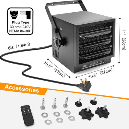 (No remote) 4800W Garage Heater Electric, 240V/30Amps with Plug, Fan-Forced Ther