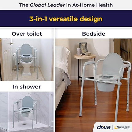 Drive Medical 11148-1 Folding Steel Bedside Commode Chair, Portable Toilet, Supp