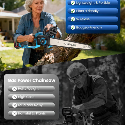 Chainsaw Cordless 12 Inch, Electric Chain Saw with 2 * 4000mAh Rechargeable Batt