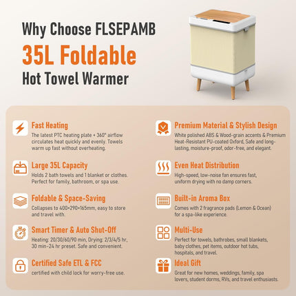 FLSEPAMB 35L Foldable Towel Warmer for Bathroom,PTC Fast Heating & Drying,Adjust