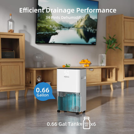 HOGARLABS 34 Pint Home Dehumidifier for Basement & Bedroom, 3 Modes, Continuous Drain, Timer & Child Lock