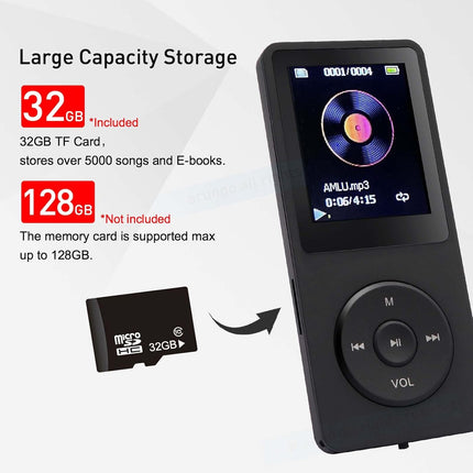 MP3 Player 32GB with Speaker Earphone Portable HiFi Lossless Sound MP3 Mini Musi