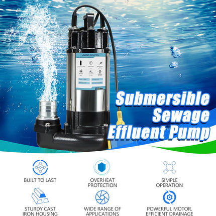 1HP Sewage Grinder Pump Submersible Effluent Pump, Sump Pump 110V 6400GPH with A