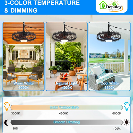 Depuley 20 Inch Outdoor Ceiling Fan with Light for Gazebo, Waterproof, Black