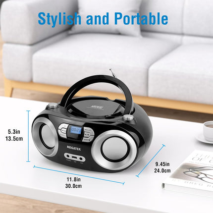 MEGATEK Portable CD Boombox with FM Stereo Radio, Bluetooth, USB Port, and Backl