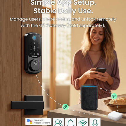 DESLOC B200 Fingerprint Smart Lock with 2 Lever Handles, Keyless Entry Deadbolt with App, Code & Key, IP54