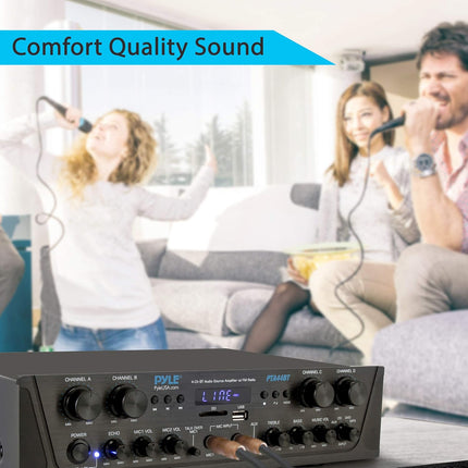 Pyle 500W Karaoke Wireless Bluetooth Amplifier, 4-Channel Stereo Home Theater Amp with USB, SD, FM Radio & Remote, Black