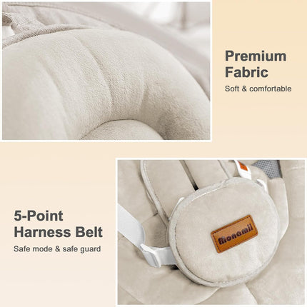 Monamii Bluetooth Baby Swing for Infants, 5 Sway Motions, 10 Melodies, Remote Control & Auto-Rocking, Light Beige