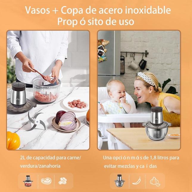 Bear 600W Electric Food Processors & Chopper, 2L Glass Container & 1.8L 304 Stai
