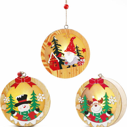 Set of 3, Light up Christmas Decoration Wooden Hanging Christmas Ornament (Round