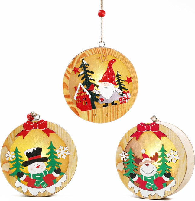 Set of 3, Light up Christmas Decoration Wooden Hanging Christmas Ornament (Round