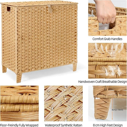 214 L Wicker Laundry Hamper with Lid 3 Section, Extra Large HandWoven Synthetic