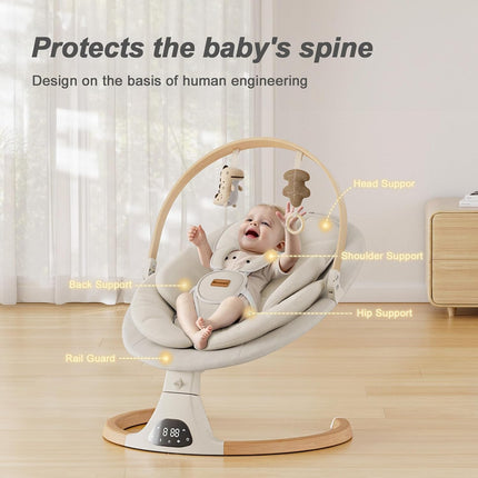 Monamii Bluetooth Baby Swing for Infants, 5 Sway Motions, 10 Melodies, Remote Control & Auto-Rocking, Light Beige