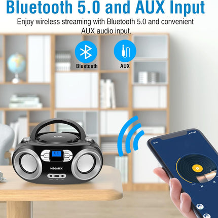MEGATEK Portable CD Boombox with FM Stereo Radio, Bluetooth, USB Port, and Backl