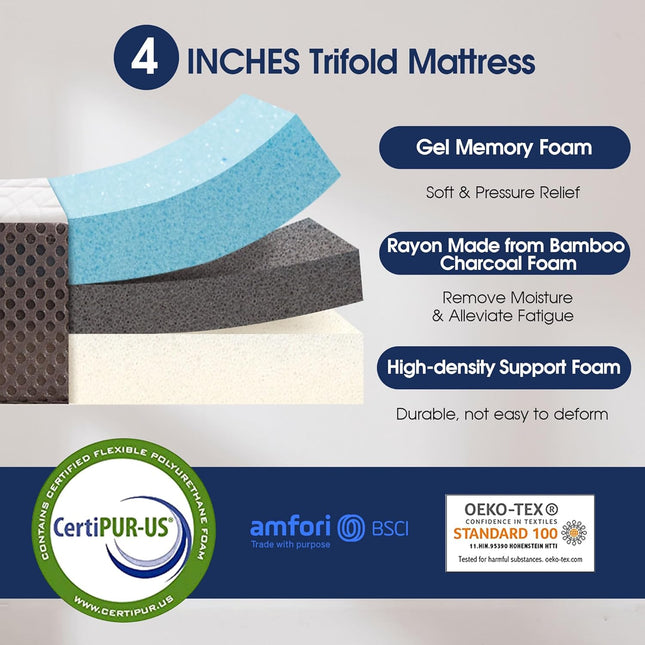 BedLuxury 4 Inch Tri Folding Mattress Twin Size with Storage Bag, Foldable Memor