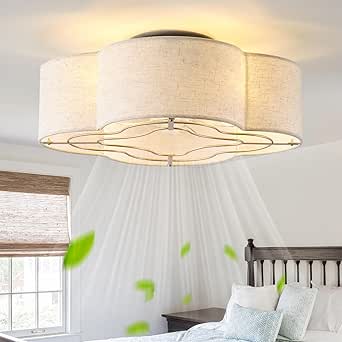 20" Boho Ceiling Fan with Light, Rattan Caged Flush Mount Ceiling Fan with Light