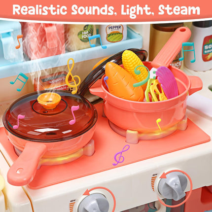 CUTE STONE Pretend Play Kitchen with Water Sink & Steam Stove, 63 Pieces with Light & Sound (No Instructions)