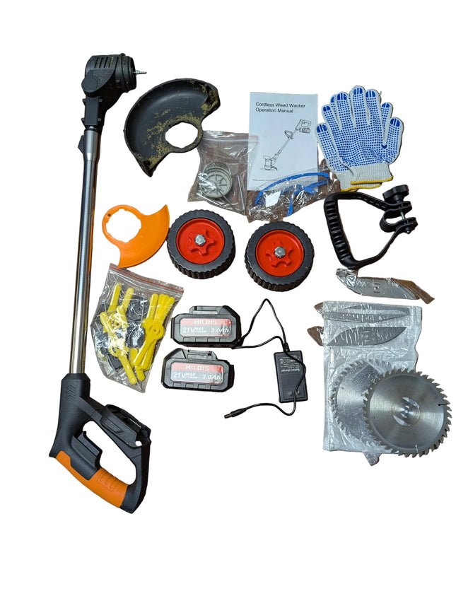 Electric Cordless Weed Wacker 21V, Portable Lightweight Brush Cutter & Trimmer, Foldable Design with 4 Blade Types