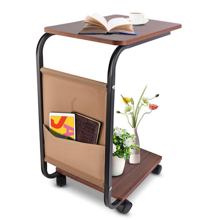 Ditind C Shaped End Table with Rolling Wheels, Small Couch Side Table with Stora