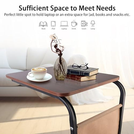 Ditind C Shaped End Table with Rolling Wheels, Small Couch Side Table with Stora