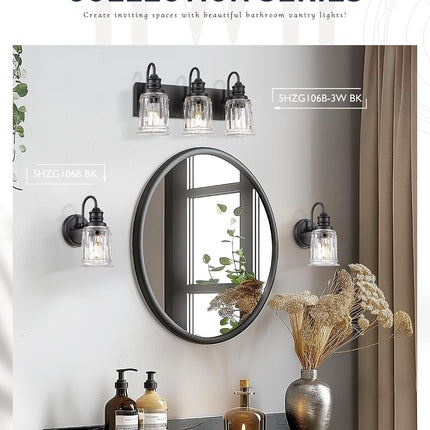 HWH 3-Light Matte Black Bathroom Vanity Light, 18 in Wall Fixture with Fluted Clear Glass Shades, ETL Listed