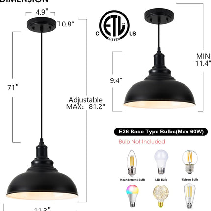 ALAISLYC 3 Pack Farmhouse Pendant Light Black Pendant Lighting for Kitchen Island