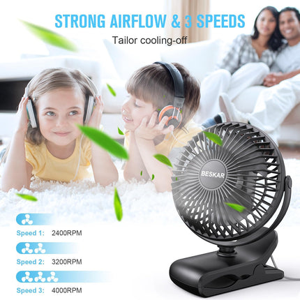 BESKAR USB Powered Clip on Fan, Portable Small Fan with Cord, 3 Speeds Strong Ai