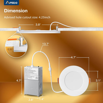 Amico 12 Pack 4 Inch 5CCT Recessed Pot Light with Night Light, 2700K/3000K/3500K