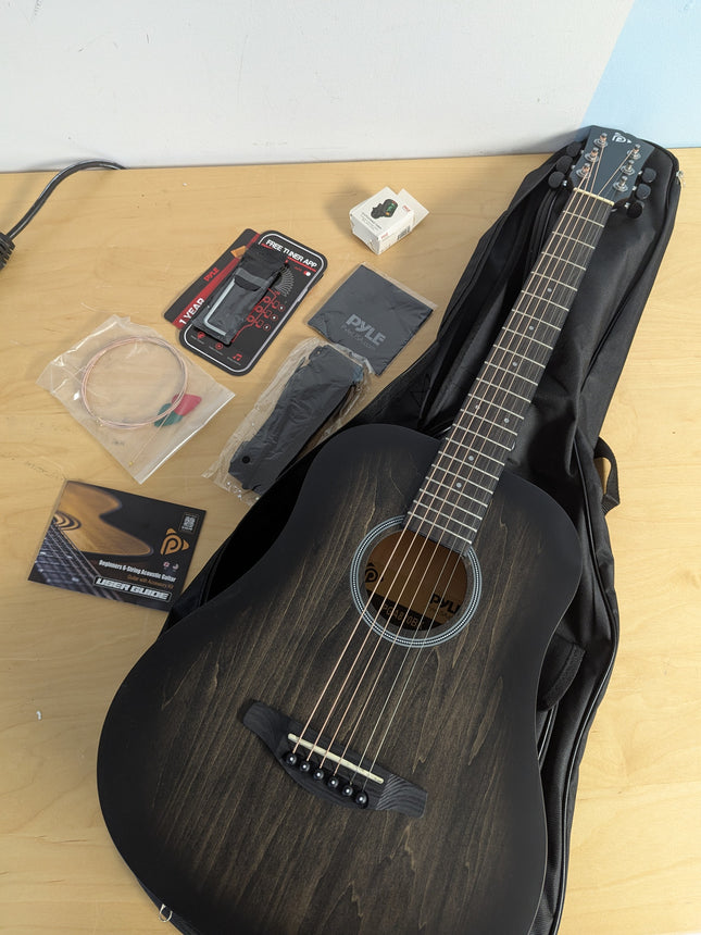 PYLE 34” Acoustic Guitar Kit-1/2 Junior Size Handcrafted Linden Wood Black Matte
