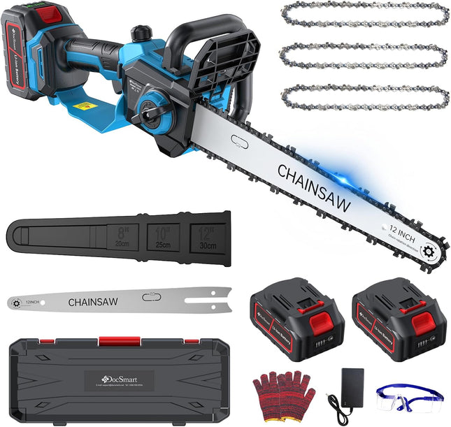 Chainsaw Cordless 12 Inch, Electric Chain Saw with 2 * 4000mAh Rechargeable Batt