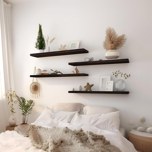 24 Inch Floating Shelves for Wall Rustic Brown Wood Wall Shelves for Bedroom Set