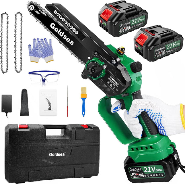 Mini Chainsaw Cordless 8 Inch, Goldsea Hand-Held Electric Chain Saw with 2 * 400