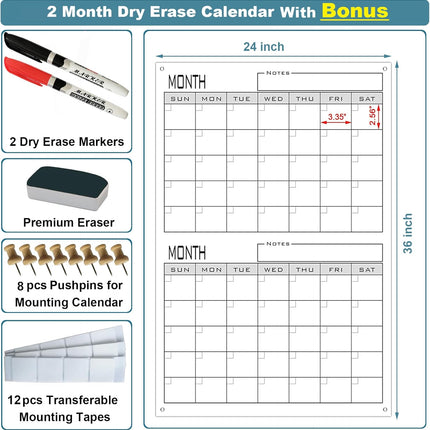 2 Month Dry Erase Calendar For Wall,24"x36" Large 60 Day Erasable & Reusable Wal
