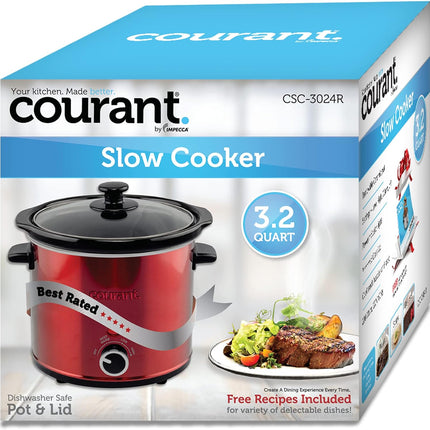 Courant 3.2 Quart Slow Cooker - Red, Removable Ceramic Insert & Glass Lid With T