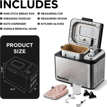 Neretva Bread Maker, 3.3LB Larger Bread Machine 15-in-1 Stainless Steel & Nonsti