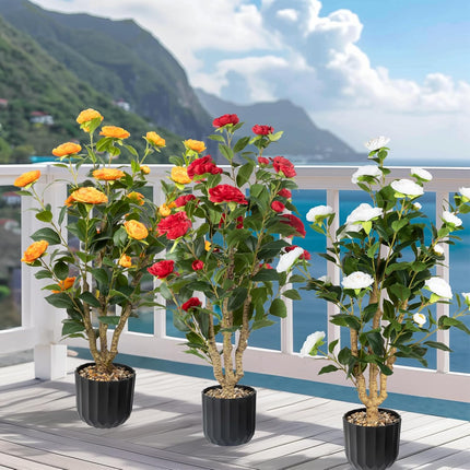 Howngyesimu 38' Artificial Camellia Tree - 2 Packs, Faux Camellia Plant in Pebbl