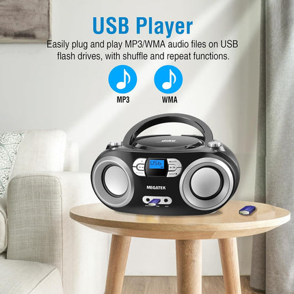 MEGATEK Portable CD Boombox with FM Stereo Radio, Bluetooth, USB Port, and Backl