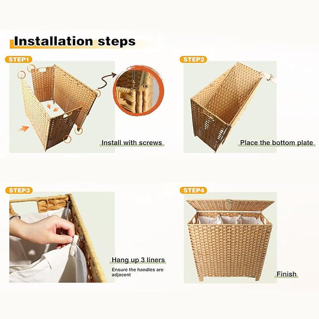 214 L Wicker Laundry Hamper with Lid 3 Section, Extra Large HandWoven Synthetic