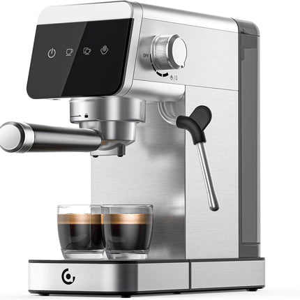 AMZCHEF 20 Bar Espresso Machine, Compact Stainless Steel Coffee Maker with LED Touch Screen & Milk Frother, Nickel
