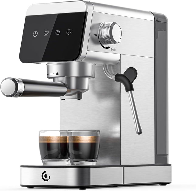 AMZCHEF 20 Bar Espresso Machine, Compact Stainless Steel Coffee Maker with LED Touch Screen & Milk Frother, Nickel