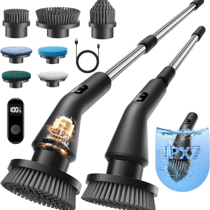 Leebein Electric Spin Scrubber (2026), Cordless Cleaning Brush with 7 Heads, Extendable Handle, IPX7, Black