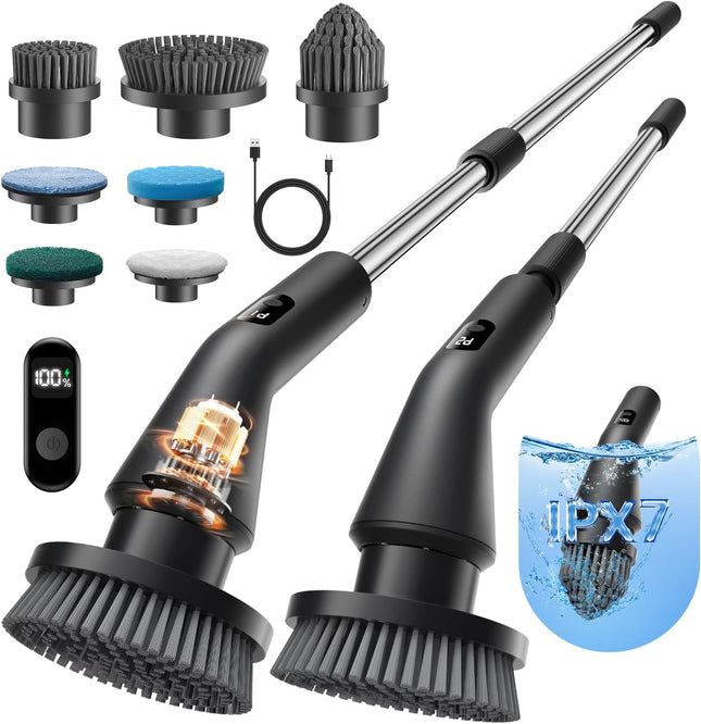 Leebein Electric Spin Scrubber (2026), Cordless Cleaning Brush with 7 Heads, Extendable Handle, IPX7, Black
