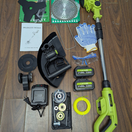 INCOMPLETE LAYUNI 21V Brushless Cordless Weed Wacker, 4-in-1 Trimmer & Edger with 2 x 3.0Ah (No String Holder)