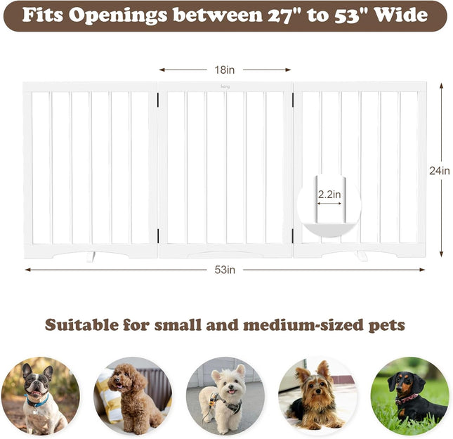keny Freestanding Dog Gate for Stairs or Doorways, 3 Panel Folding Pet Fence, Wh