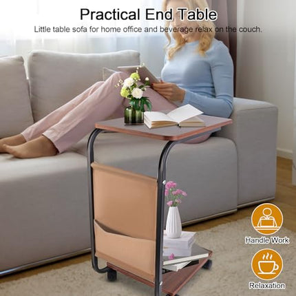 Ditind C Shaped End Table with Rolling Wheels, Small Couch Side Table with Stora